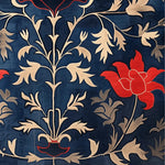 Close-up view of the Indigo Garden Hand Tufted Area Rug showcasing a vibrant floral design. Perfect for adding a vintage touch to your dining room, this wool rug features intricate patterns with red and beige flowers on a deep indigo background, making it a stylish choice for formal dining room settings.