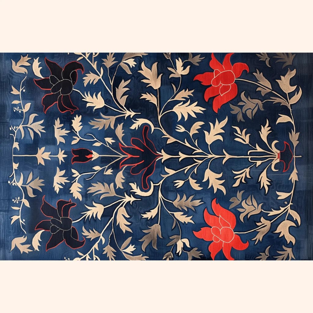 Beautiful Indigo Garden Hand Tufted Area Rug featuring a vibrant floral design with red and beige flowers on a deep blue background. Perfect for adding a vintage touch to your dining room. Made from high-quality wool, this elegant rug enhances the look of formal dining room settings.