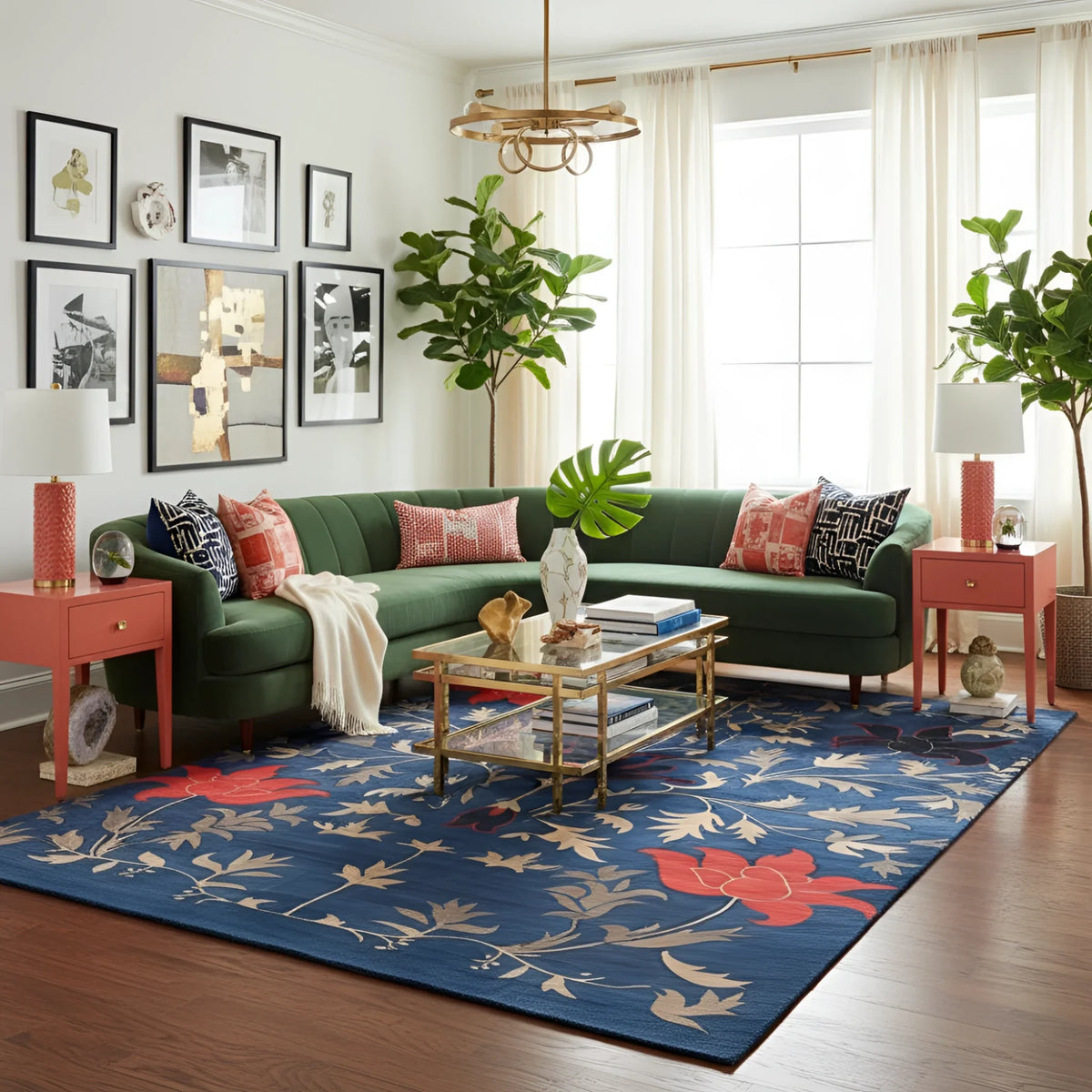 Living room with a green sofa, colorful rug, and decorative items.