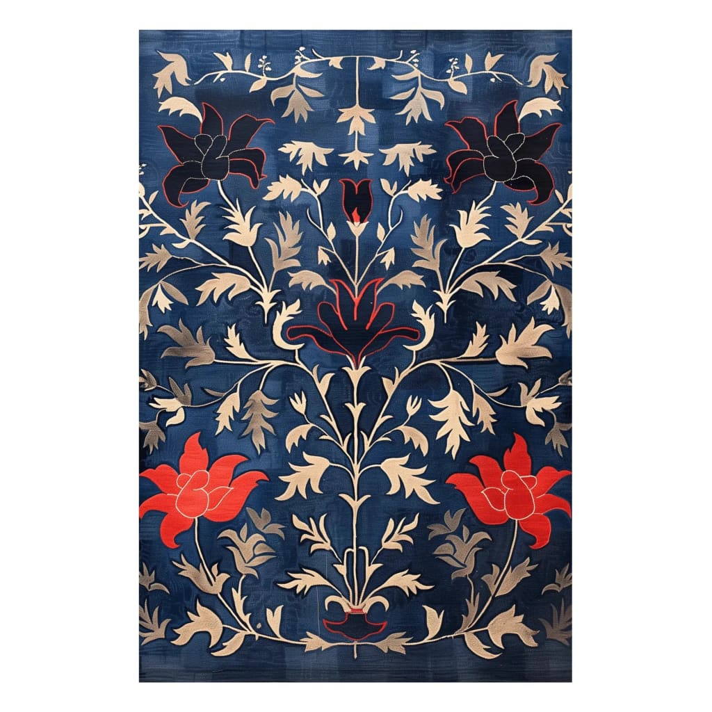 Indigo Garden Hand Tufted Area Rug featuring an intricate floral design in vibrant red and beige on a deep blue background. Perfect for adding a touch of vintage elegance to your dining room. This wool rug is ideal for formal dining room settings, enhancing the space with its classic charm and stylish pattern.