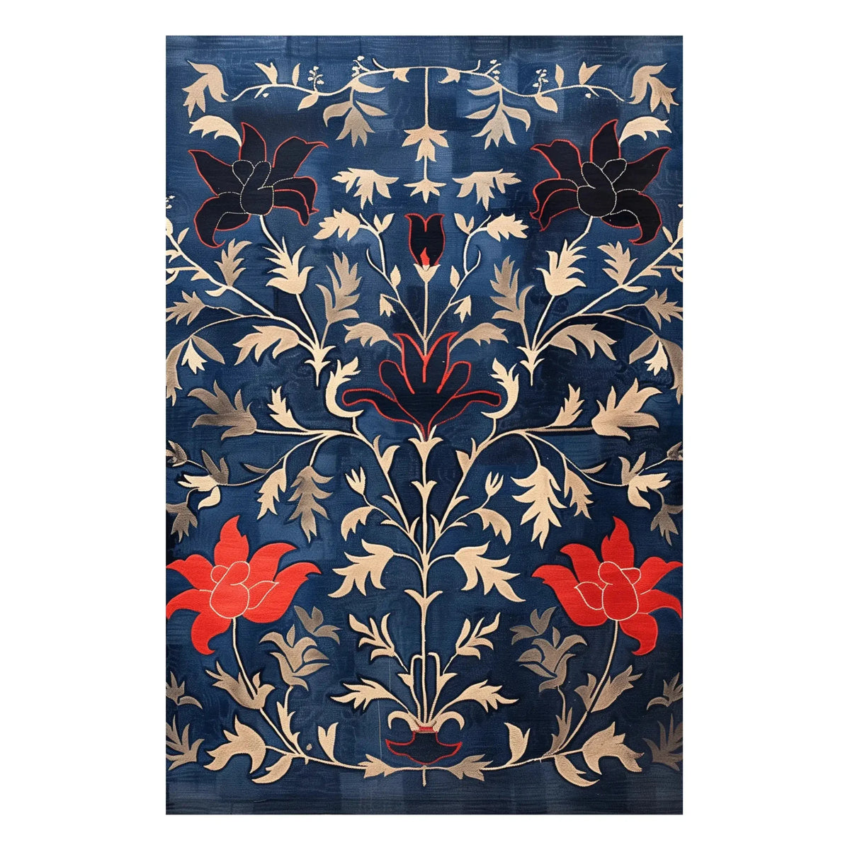 Indigo Garden Hand Tufted Area Rug featuring an intricate floral design in vibrant red and beige on a deep blue background. Perfect for adding a touch of vintage elegance to your dining room. This wool rug is ideal for formal dining room settings, enhancing the space with its classic charm and stylish pattern.