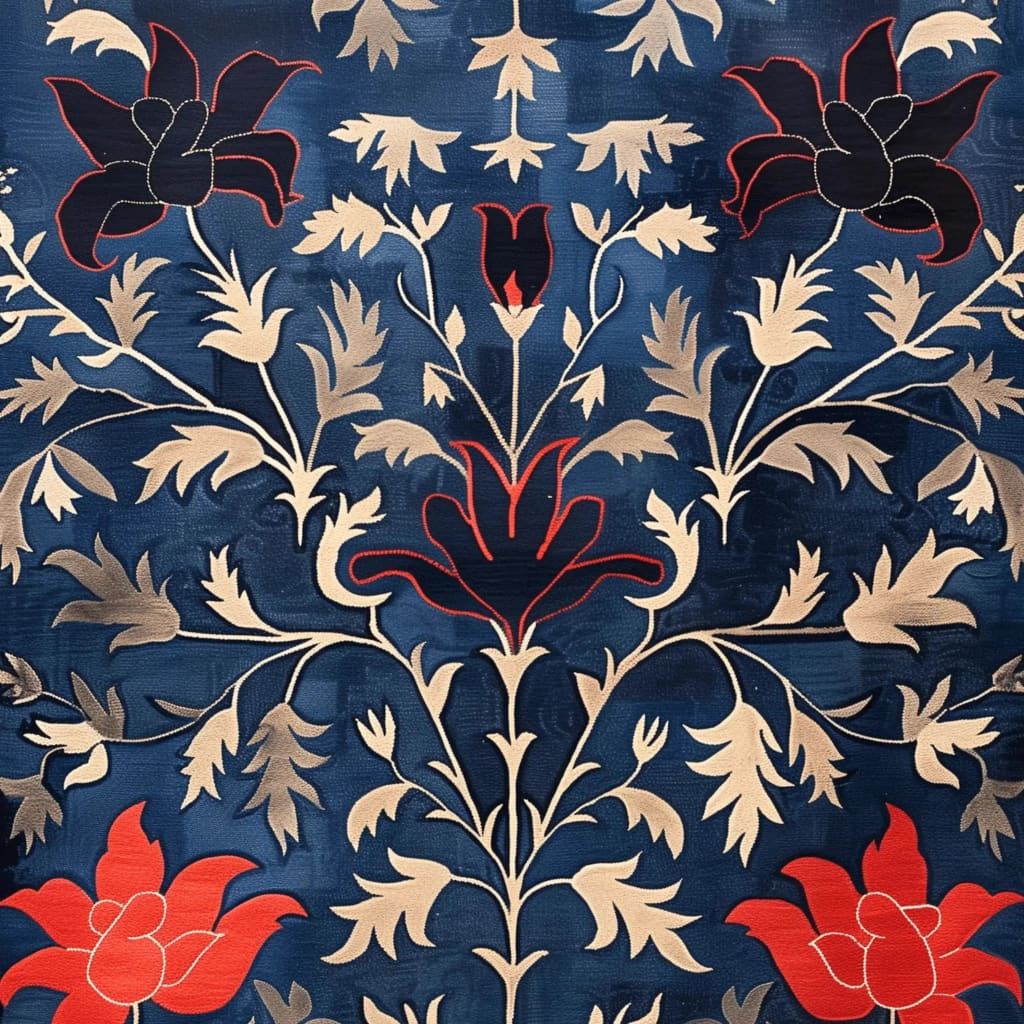 A beautifully designed Indigo Garden Hand Tufted Area Rug showcasing a vibrant floral pattern in red and beige on a deep blue background. Perfect for adding a vintage touch to dining room décor, this wool rug blends elegance and style, ideal as a formal dining room carpet.