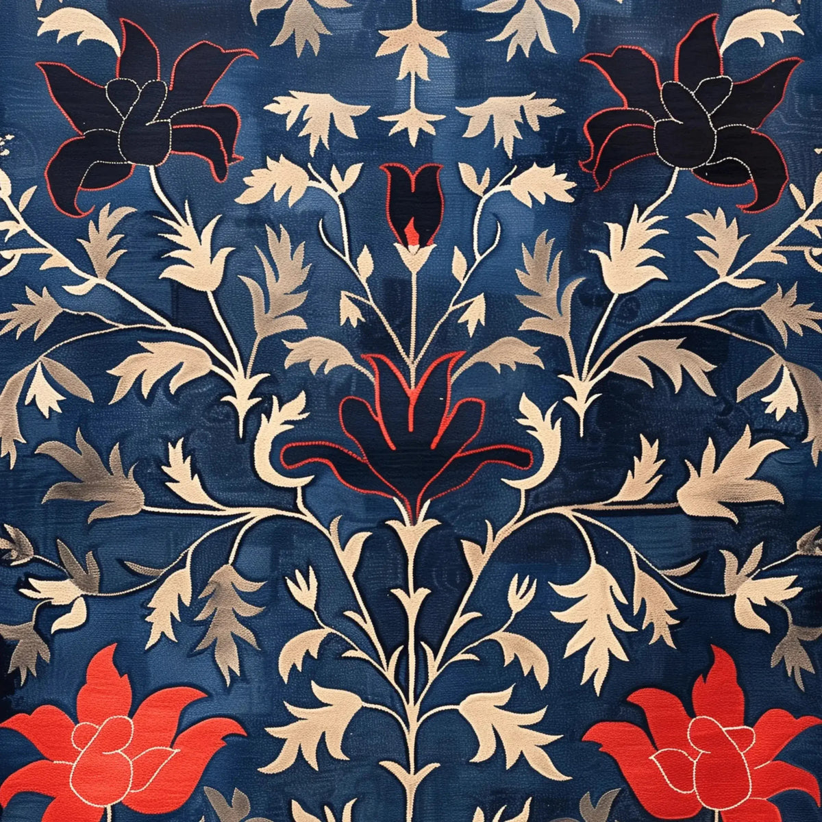 A beautifully designed Indigo Garden Hand Tufted Area Rug showcasing a vibrant floral pattern in red and beige on a deep blue background. Perfect for adding a vintage touch to dining room décor, this wool rug blends elegance and style, ideal as a formal dining room carpet.