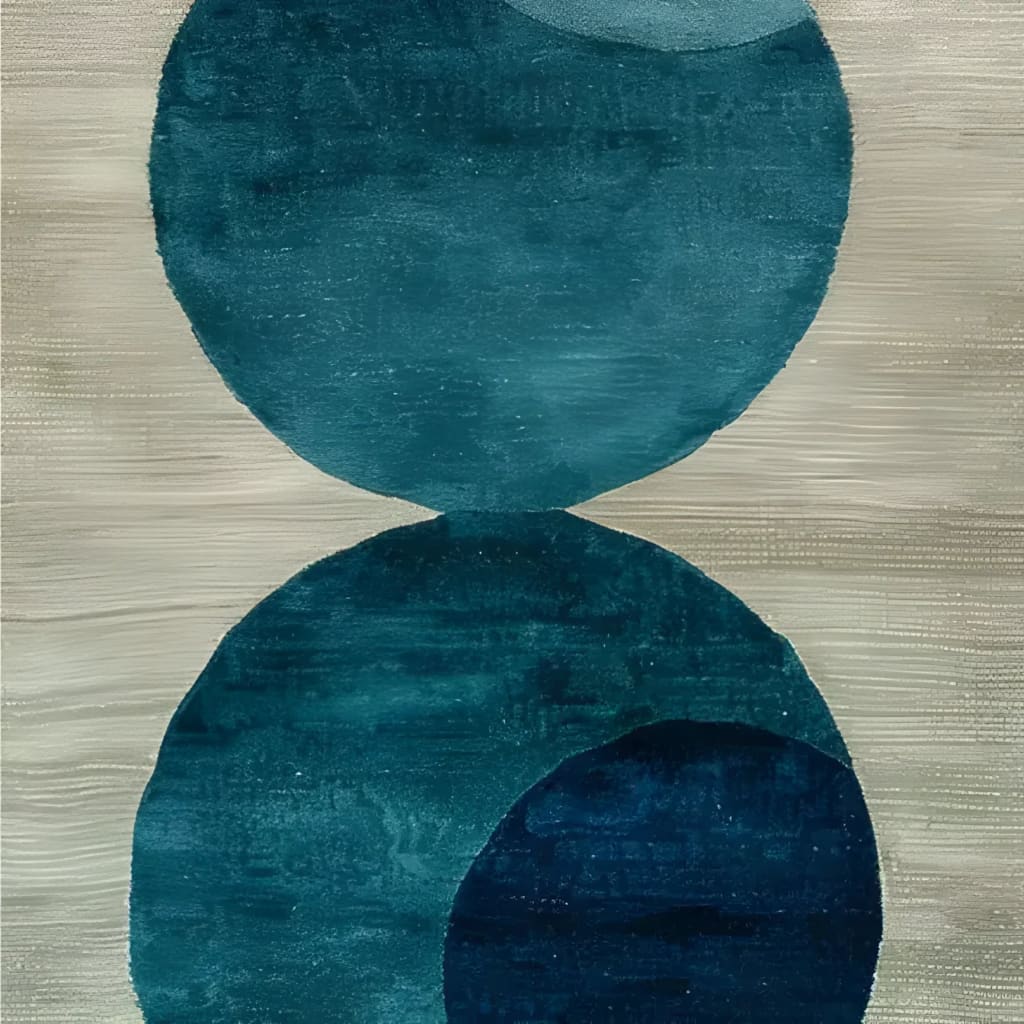 A contemporary hand tufted wool rug featuring a modern design with overlapping indigo circles on a neutral background. Perfect for use as a living room area rug, hallway runner rug, or kitchen runner rug, adding a touch of elegance to any space.