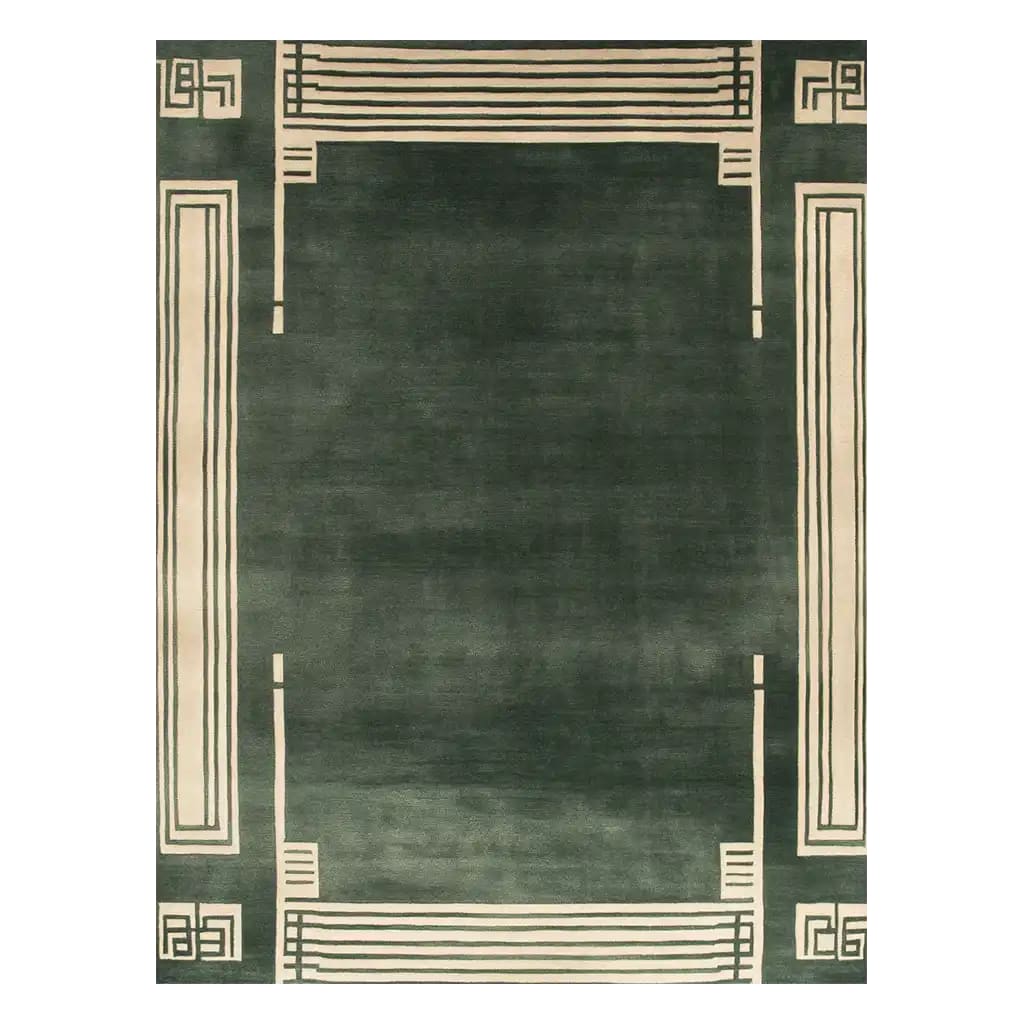 Top view of the Infinite Maze Hand Tufted Wool Area Rug, featuring a contemporary design with geometric patterns on a deep green background. This large living room rug, sized 8x10, is crafted from high-quality wool, perfect for adding a modern touch to your space.