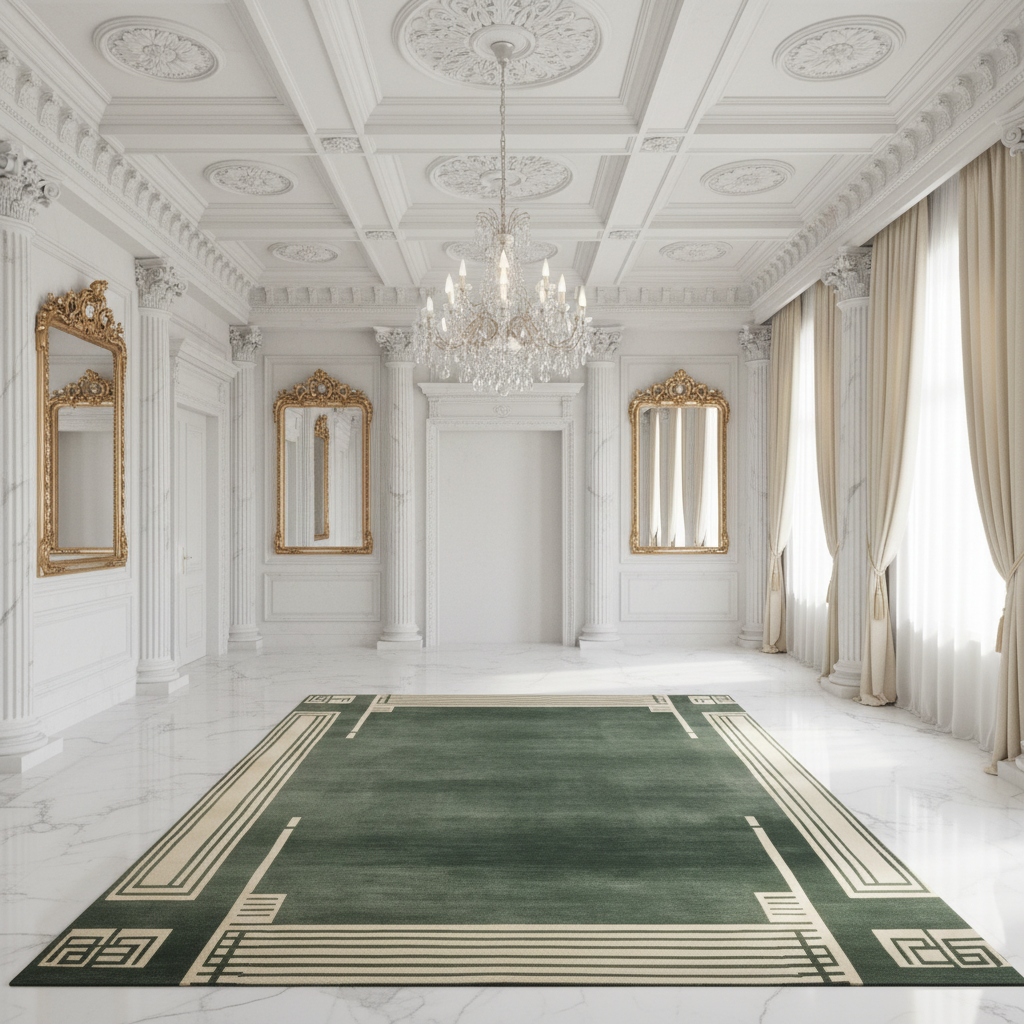Luxurious room with green rug, ornate mirrors, and chandelier.