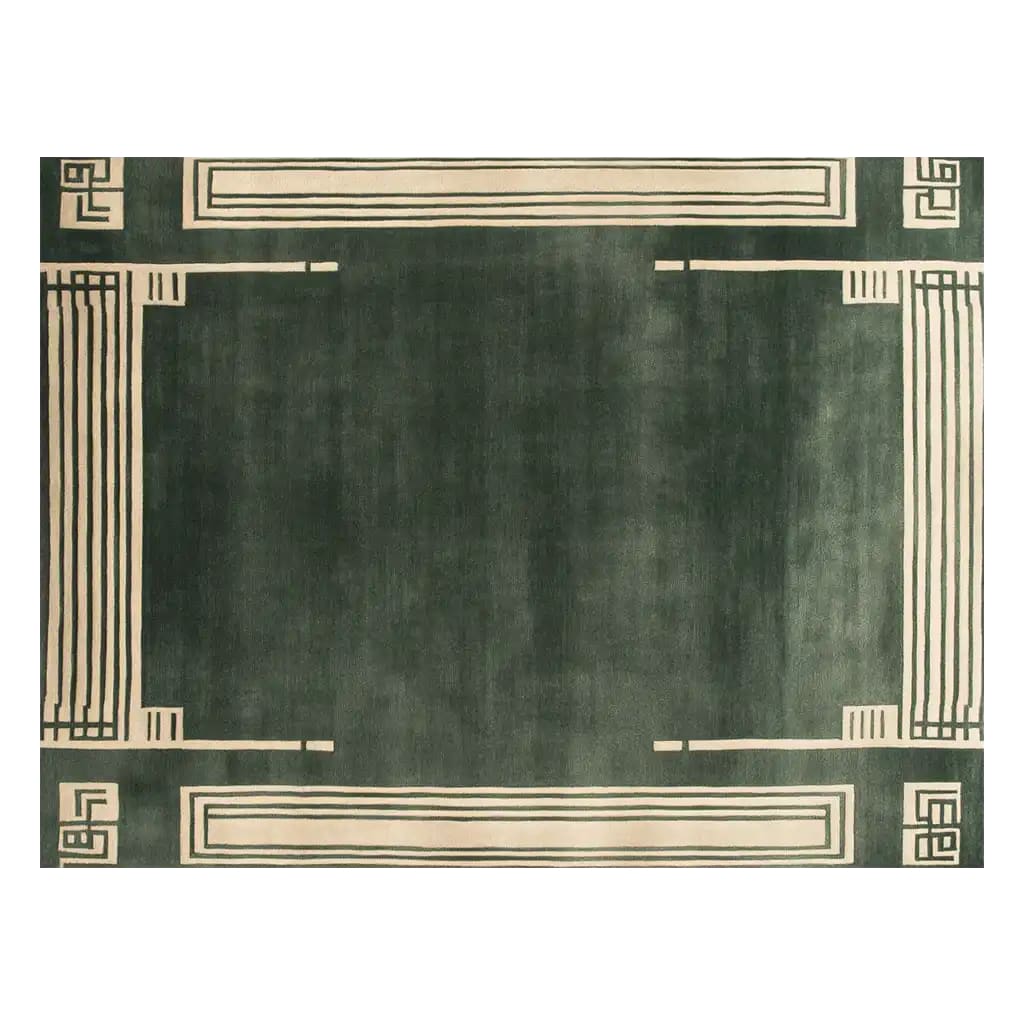 Top view of the Infinite Maze Hand Tufted Wool Rug, a contemporary area rug featuring a geometric border design in cream and dark green tones. Perfect for large living rooms, this 8x10 wool rug adds a sophisticated touch to any space.