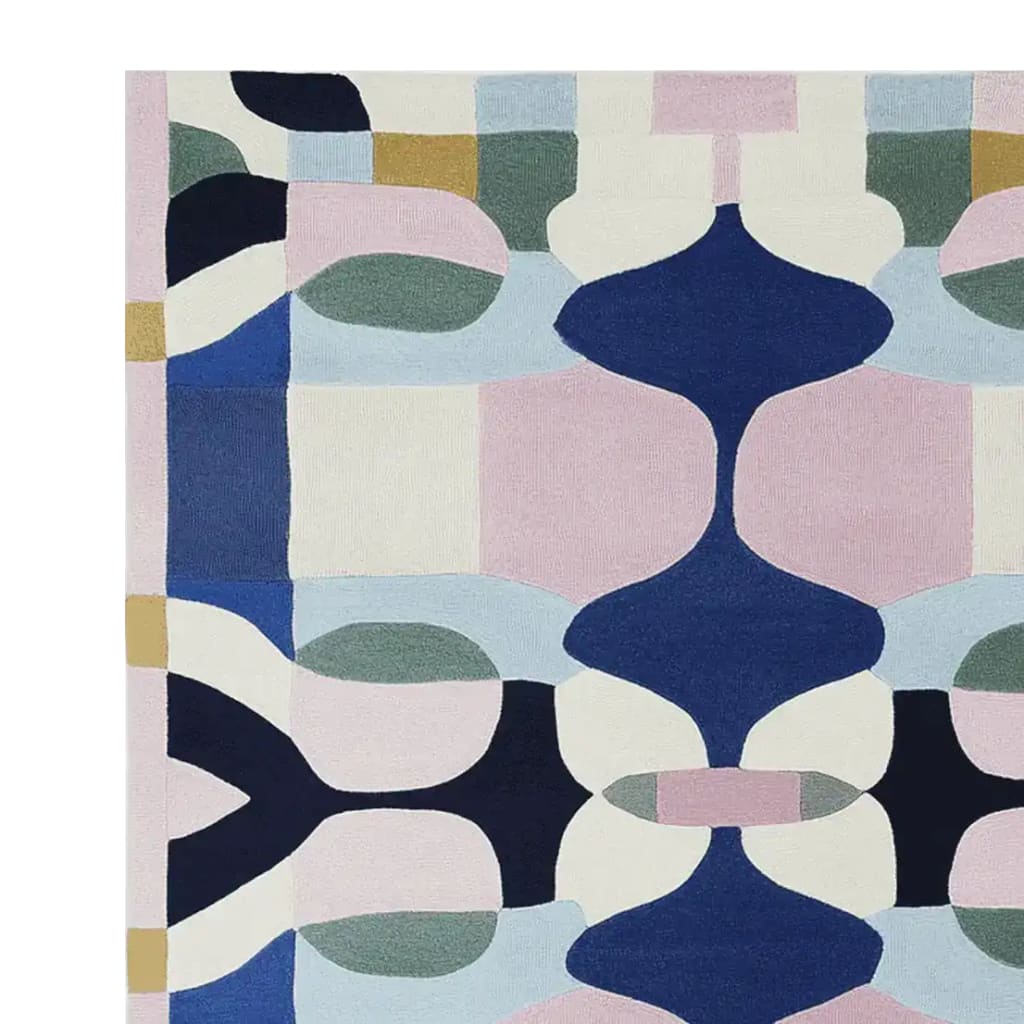 Vibrant abstract area rug featuring a contemporary design with bold geometric patterns in shades of pink, blue, green, and cream. This wool rug is perfect for adding a modern touch to your living room decor, especially suitable as an 8x10 centerpiece for rugs for living room.