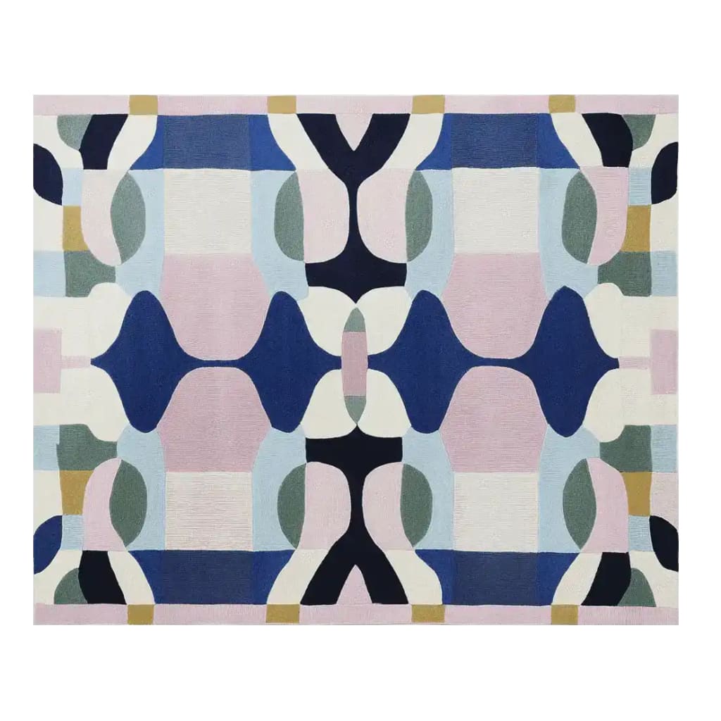 Explore the vibrant Infinite Symmetry Hand Tufted Area Rug, a contemporary rug crafted from wool. Featuring an abstract geometric pattern in shades of blue, pink, and green, this rug adds a striking visual element to any living space. Perfect for living rooms, this 8x10 wool rug combines modern design with comfort, making it an ideal choice for those seeking stylish rugs for their living room.