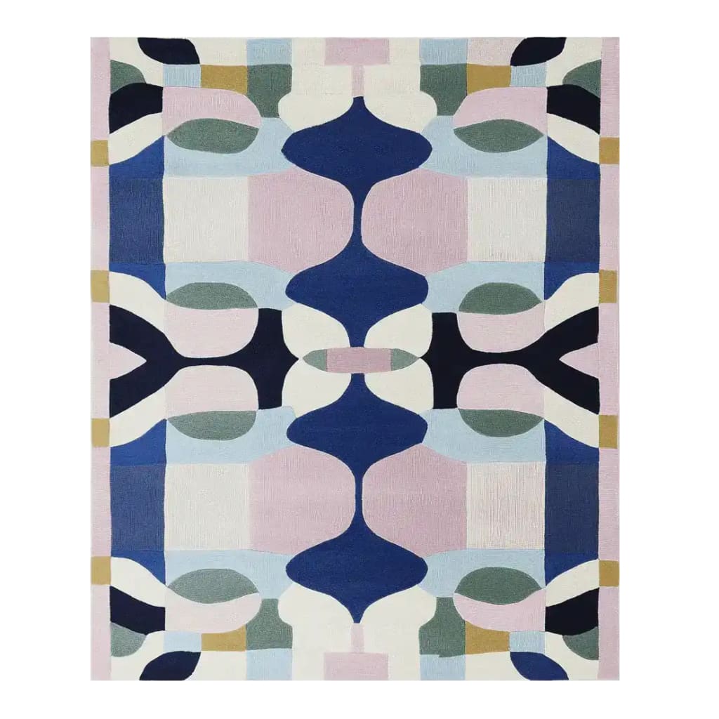 This vibrant Infinite Symmetry Hand Tufted Area Rug features a contemporary abstract design with bold geometric shapes in shades of blue, pink, and green. Perfect for adding a modern touch to your space, this wool rug is ideal for living rooms, especially in an 8x10 size.