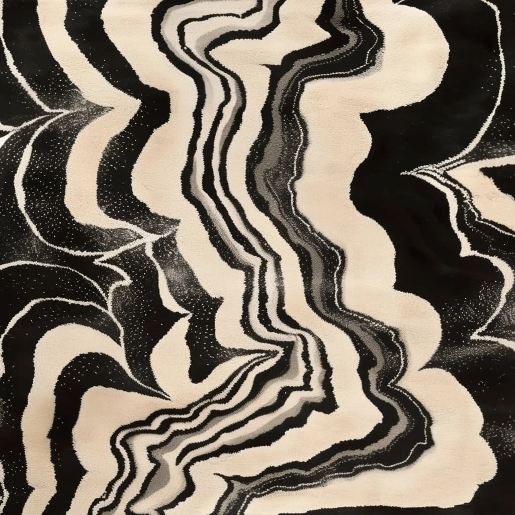 Stylish contemporary area rug featuring an abstract design in black and beige tones, perfect for dining room or living room settings. This wool rug, measuring 8x10, adds a touch of elegance to any space, serving as an ideal dining table rug or a standout piece among living room rugs.