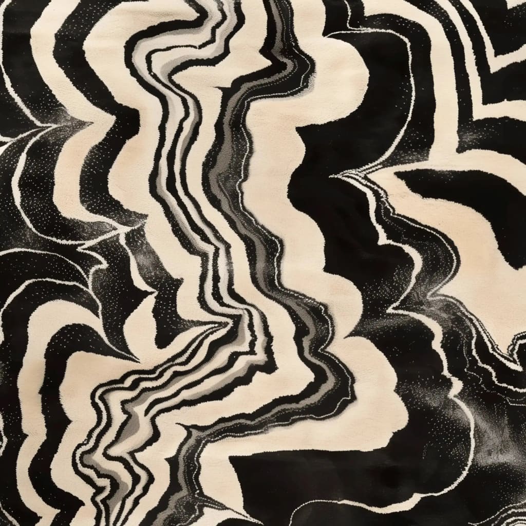 A stunning contemporary area rug featuring an abstract black and cream swirling pattern, perfect for adding a modern touch to your dining room or living room. This 8x10 wool rug is ideal as a dining table rug, bringing a stylish and artistic flair to your home decor.