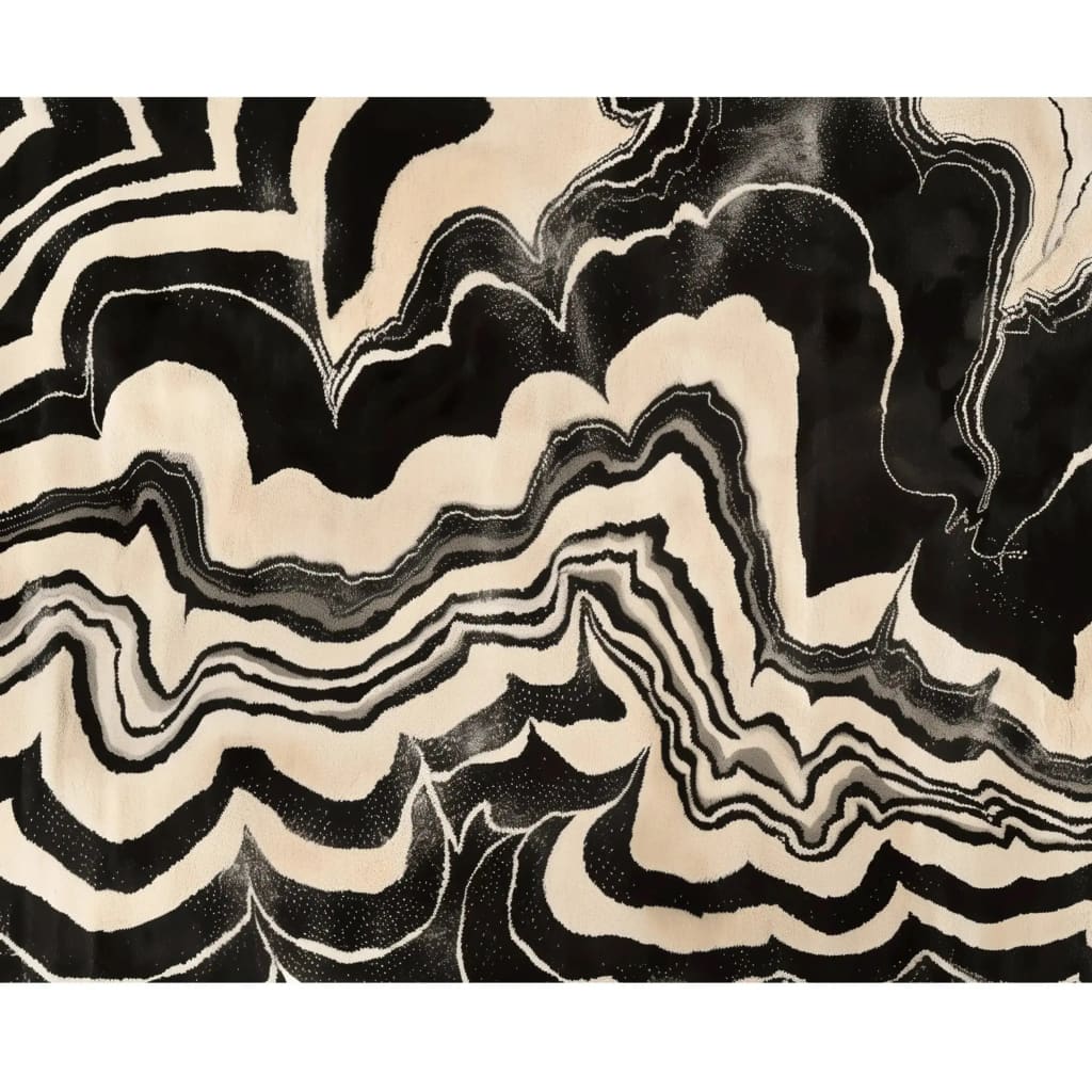 The Ink Drift Hand Tufted Rug features an abstract black and white design resembling fluid ink patterns. This contemporary area rug is perfect for adding a touch of modern elegance to your dining room or living room. Available in an 8x10 size, this wool rug is both stylish and durable, making it an ideal choice for under a dining table or as a centerpiece in your living space.