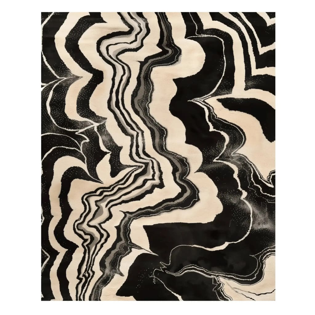 Contemporary Ink Drift Hand Tufted Area Rug featuring a dynamic black and white abstract design. Ideal for a dining room or living room, this wool rug adds a sophisticated touch, perfectly sized for living room rugs 8x10.