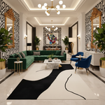 Modern living room with green sofa, a contemporary wool rug, blue chairs, and decorative elements.