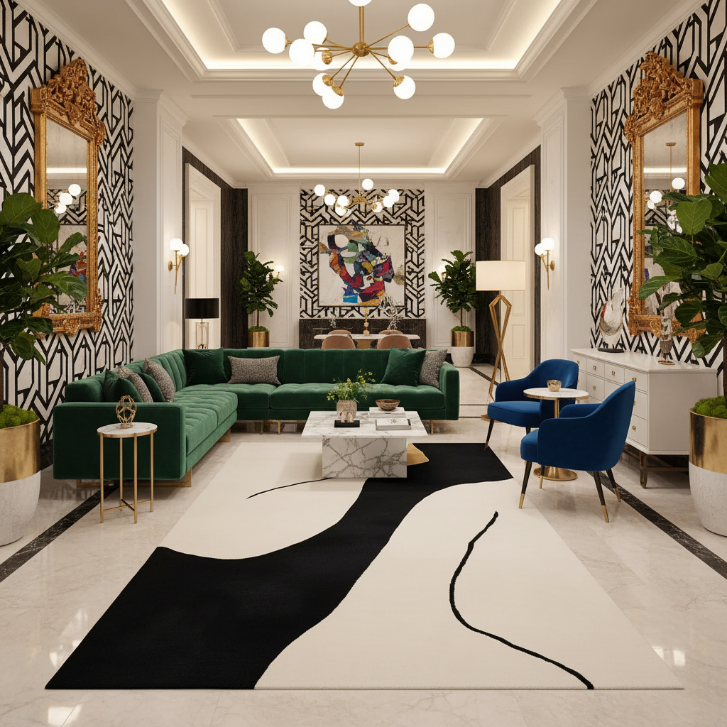 Modern living room with green sofa, a contemporary wool rug, blue chairs, and decorative elements.