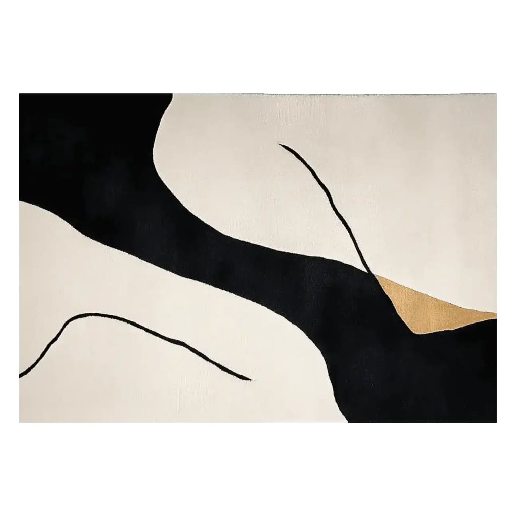 A stylish hand tufted area rug with a contemporary design, featuring bold black and beige abstract patterns. Perfect for enhancing modern living spaces, this wool rug is ideal as a living room area rug, especially in an 8x10 size.