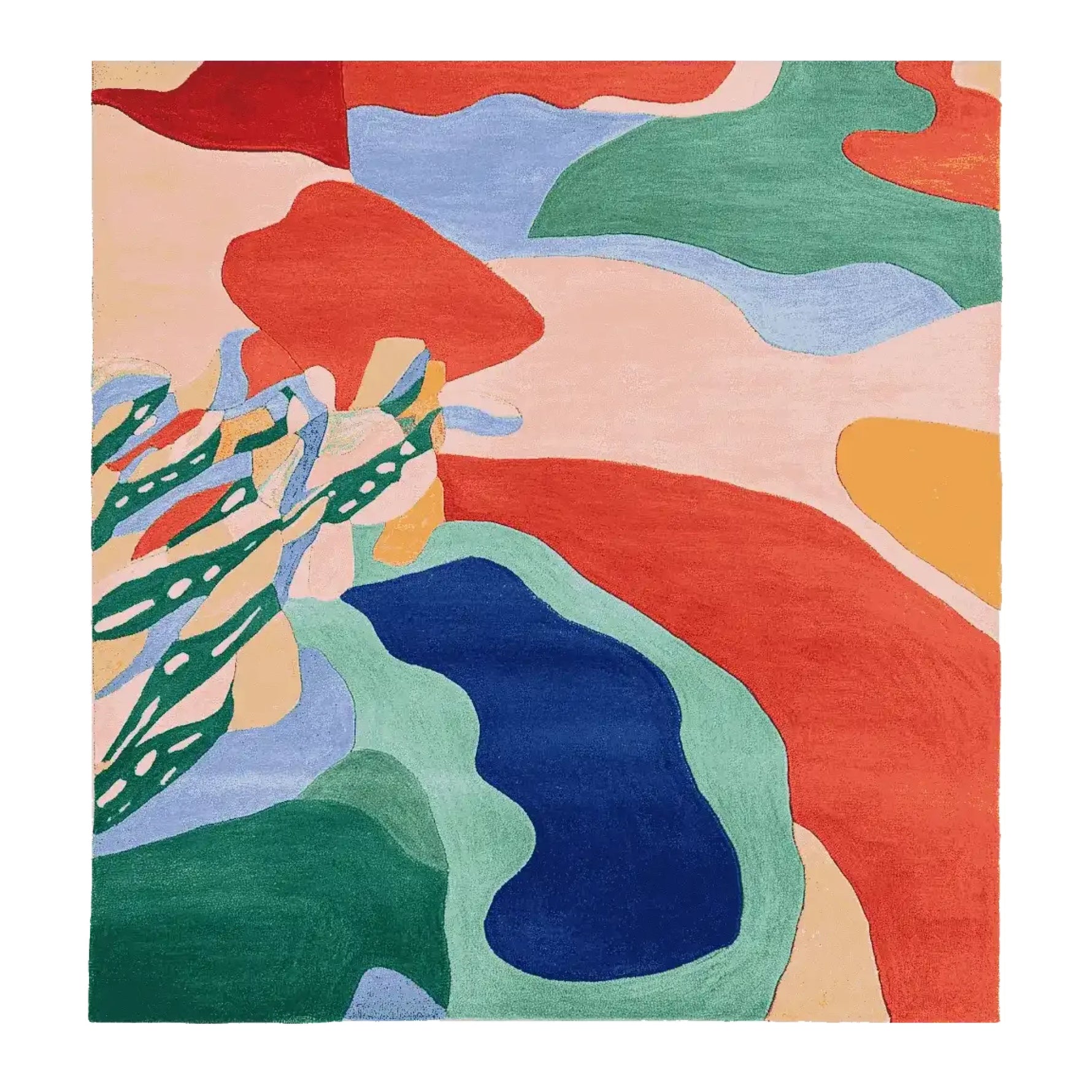 A vibrant and colorful area rug featuring abstract shapes in shades of red, green, blue, and yellow. This contemporary wool rug is a perfect addition to a large living room, providing both style and comfort. Ideal as a square area rug, it measures 8x10 and adds a modern touch to any space.