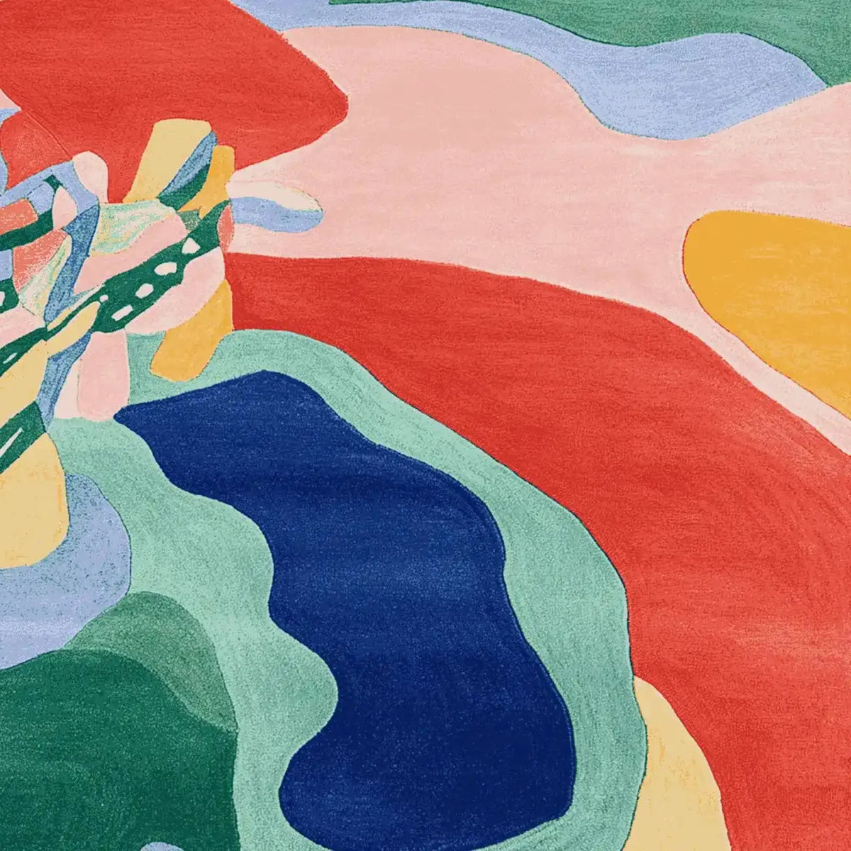 A vibrant Ink Flow Terrain hand-tufted area rug showcasing an abstract design with bold colors like red, blue, green, and yellow. Perfect for adding a contemporary flair to a large living room, this square area rug measures 8x10 and is crafted from high-quality wool.