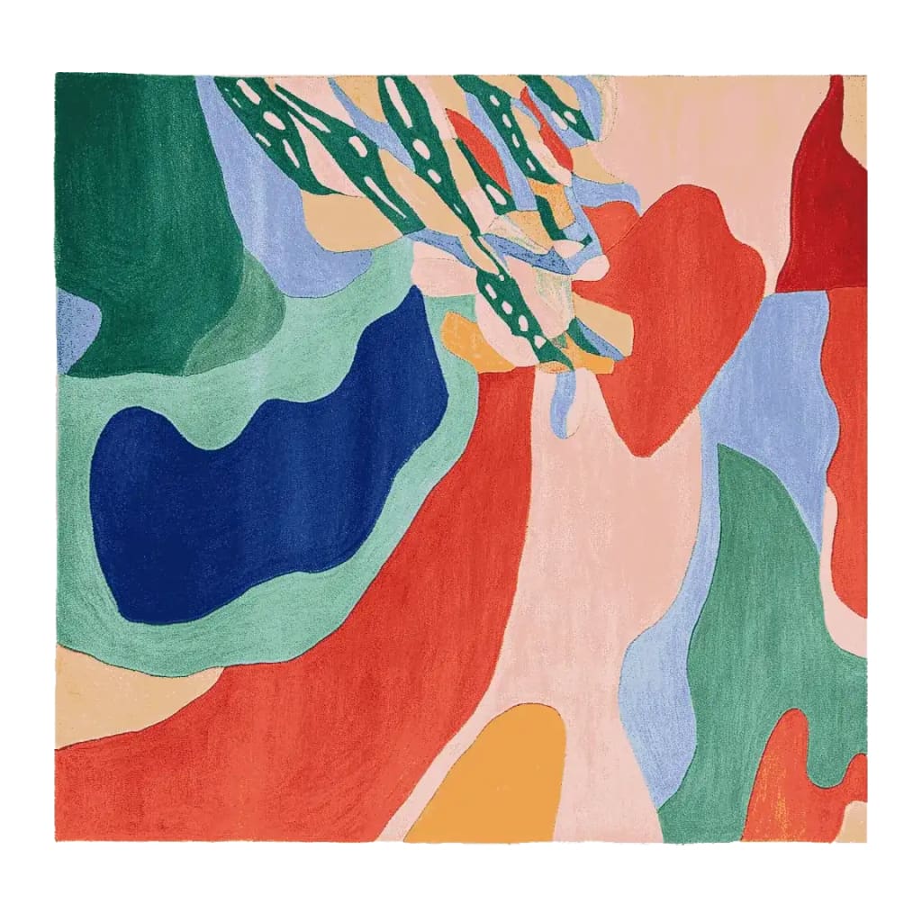 Vibrant and abstract Ink Flow Terrain Hand Tufted Rug, perfect for a contemporary living space. This square area rug features bold colors and organic patterns, ideal as a large living room rug. Made from high-quality wool, it measures 8x10 and adds a touch of modern artistry to any room.