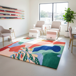 Colorful abstract rug in a modern nal salon room with chairs and a large window.