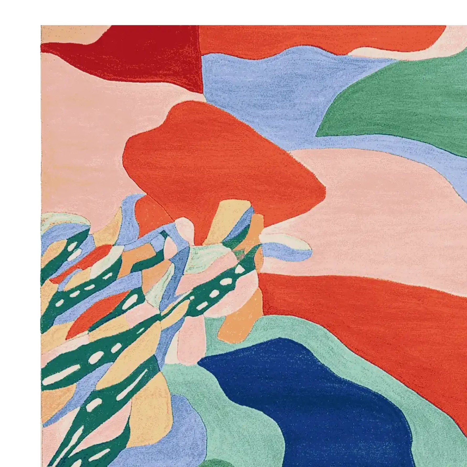 Vibrant Ink Flow Terrain Hand Tufted Area Rug showcasing an abstract design with bold colors like red, blue, green, and peach. This contemporary wool rug is perfect for large living rooms, available in a square 8x10 size, offering a stylish and modern touch to any space.