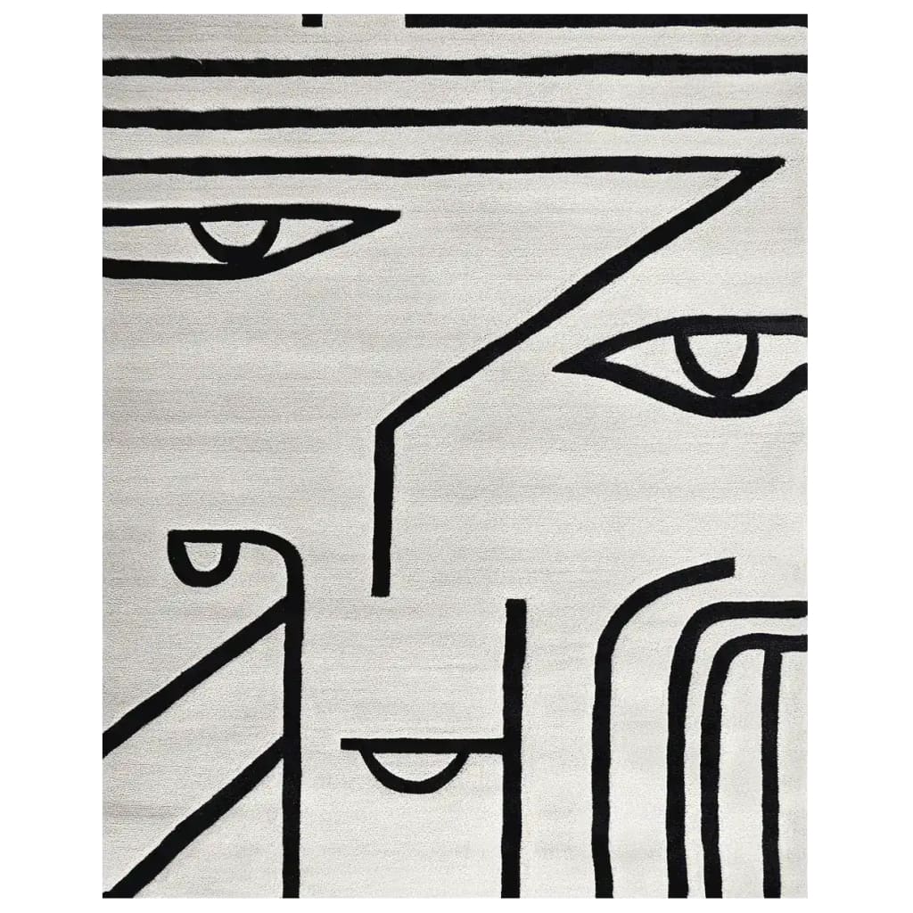 This stunning area rug, titled 'Inkbound Face Geometry Hand Tufted Rug', features a bold, contemporary abstract face design with geometric lines. Crafted from high-quality wool, it is perfect as a living room rug in an 8x10 size. Its unique artistic pattern makes it a standout piece among large living room rugs.