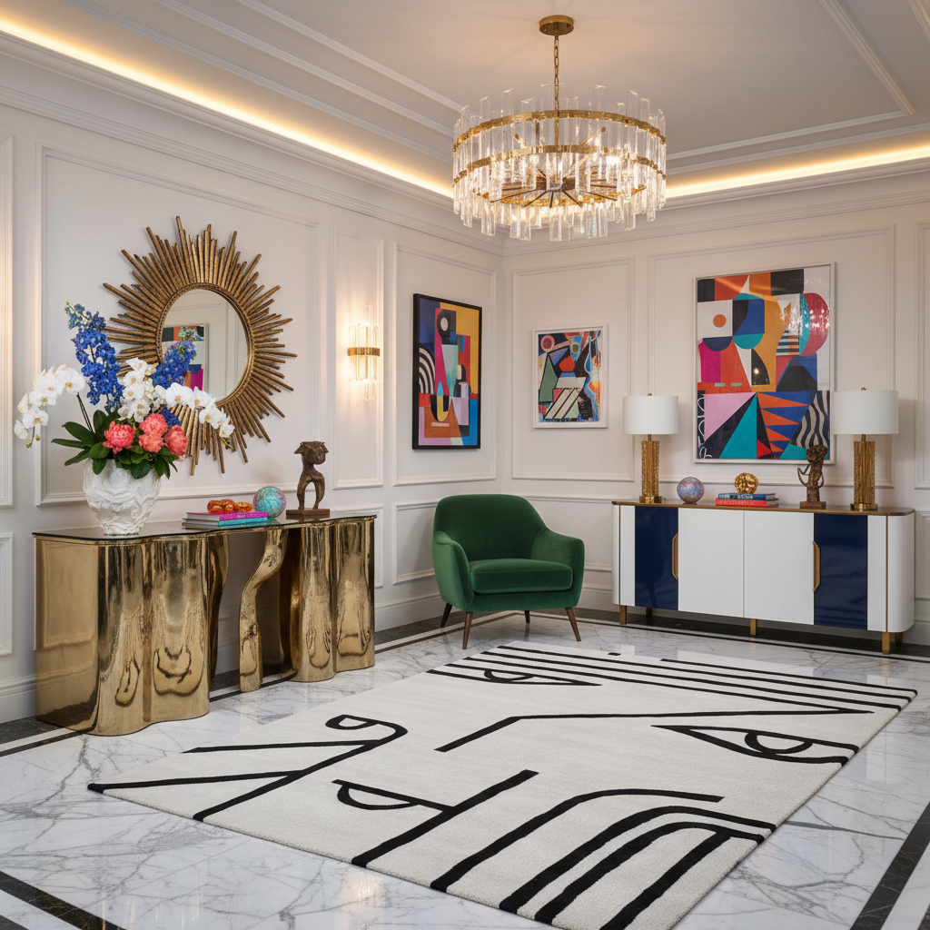 Luxurious living room with decorative furniture, an abstract wool rug, artwork, and a chandelier.
