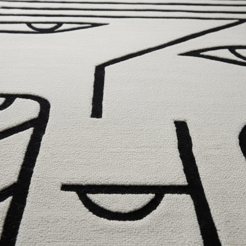 Close-up of a textured rug with black line art on a light gray background