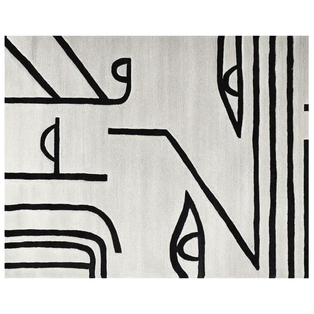Top view of the Inkbound Face Geometry Hand Tufted Rug showcasing its modern design. This contemporary area rug features bold black lines and abstract shapes on a soft wool surface, perfect for large living rooms. Ideal as a statement piece for a cozy 8x10 space.