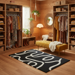 Wooden closet with shelves, clothes, and a rug with white text on a black background.
