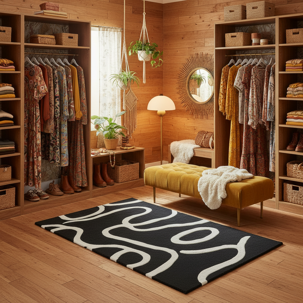 Wooden closet with shelves, clothes, and a rug with white text on a black background.