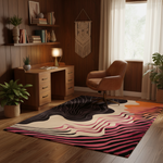 Modern home office with a colorful rug, desk, and chair.