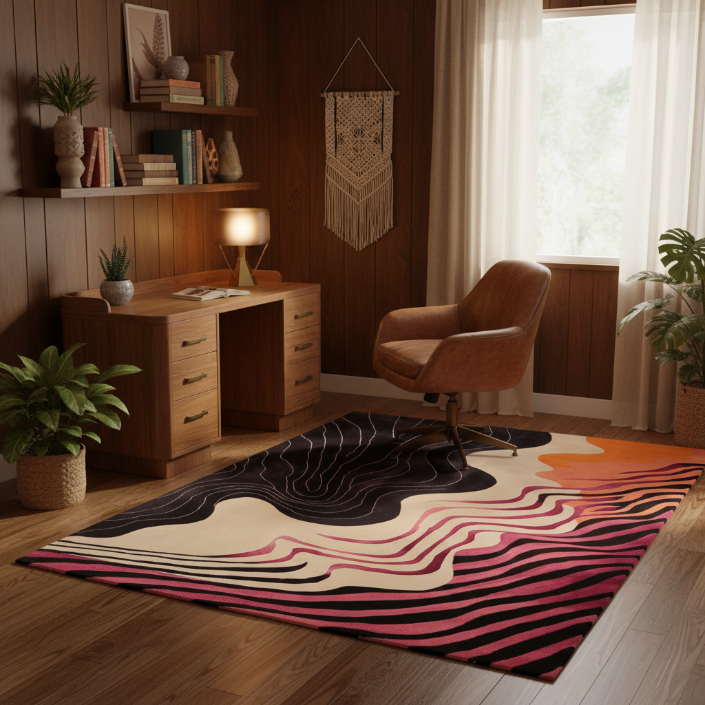Modern home office with a colorful rug, desk, and chair.