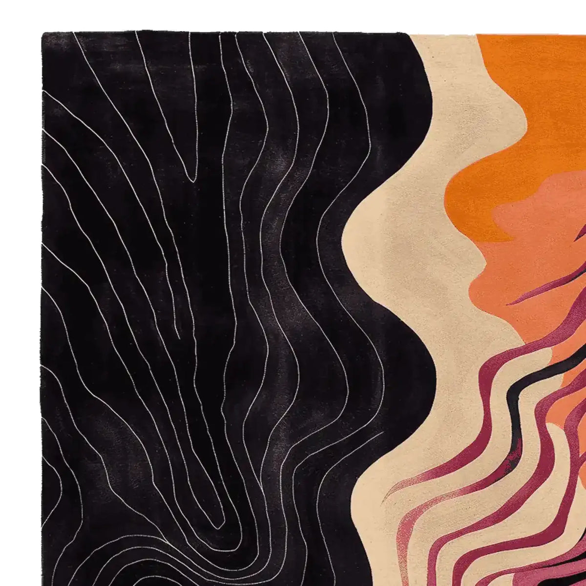 Top view of the Inky Drift Lines Hand Tufted Area Rug featuring a contemporary design with flowing abstract patterns in black, beige, orange, and pink. This wool rug is perfect for adding a modern touch to living rooms, available in 8x10 size.