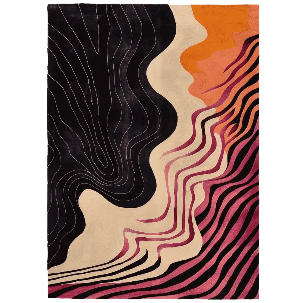A contemporary area rug with a bold and abstract design featuring swirling lines in black, beige, orange, and pink. This wool rug is perfect for adding a modern touch to any living room. Ideal as an 8x10 living room rug.
