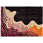 Explore the captivating design of the Inky Drift Lines Hand Tufted Rug, a contemporary wool rug perfect for enhancing your living room. This 8x10 area rug features dynamic waves of black, pink, and orange, creating a stunning focal point for any modern space.
