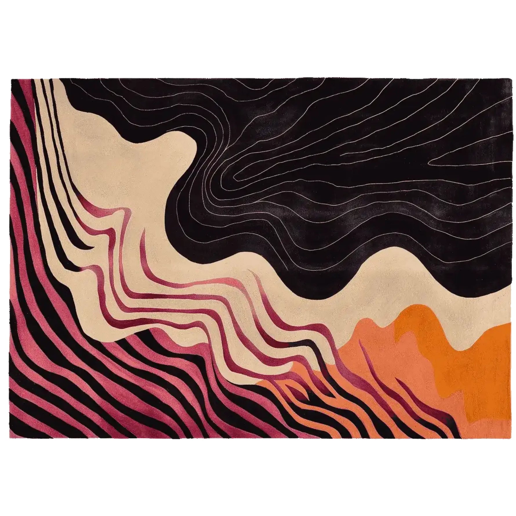 Explore the captivating design of the Inky Drift Lines Hand Tufted Rug, a contemporary wool rug perfect for enhancing your living room. This 8x10 area rug features dynamic waves of black, pink, and orange, creating a stunning focal point for any modern space.