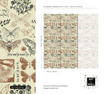 Insect garden wallpaper pattern detail and repeat layout showing butterflies, hawkmoth and dragonflies with sizing guide