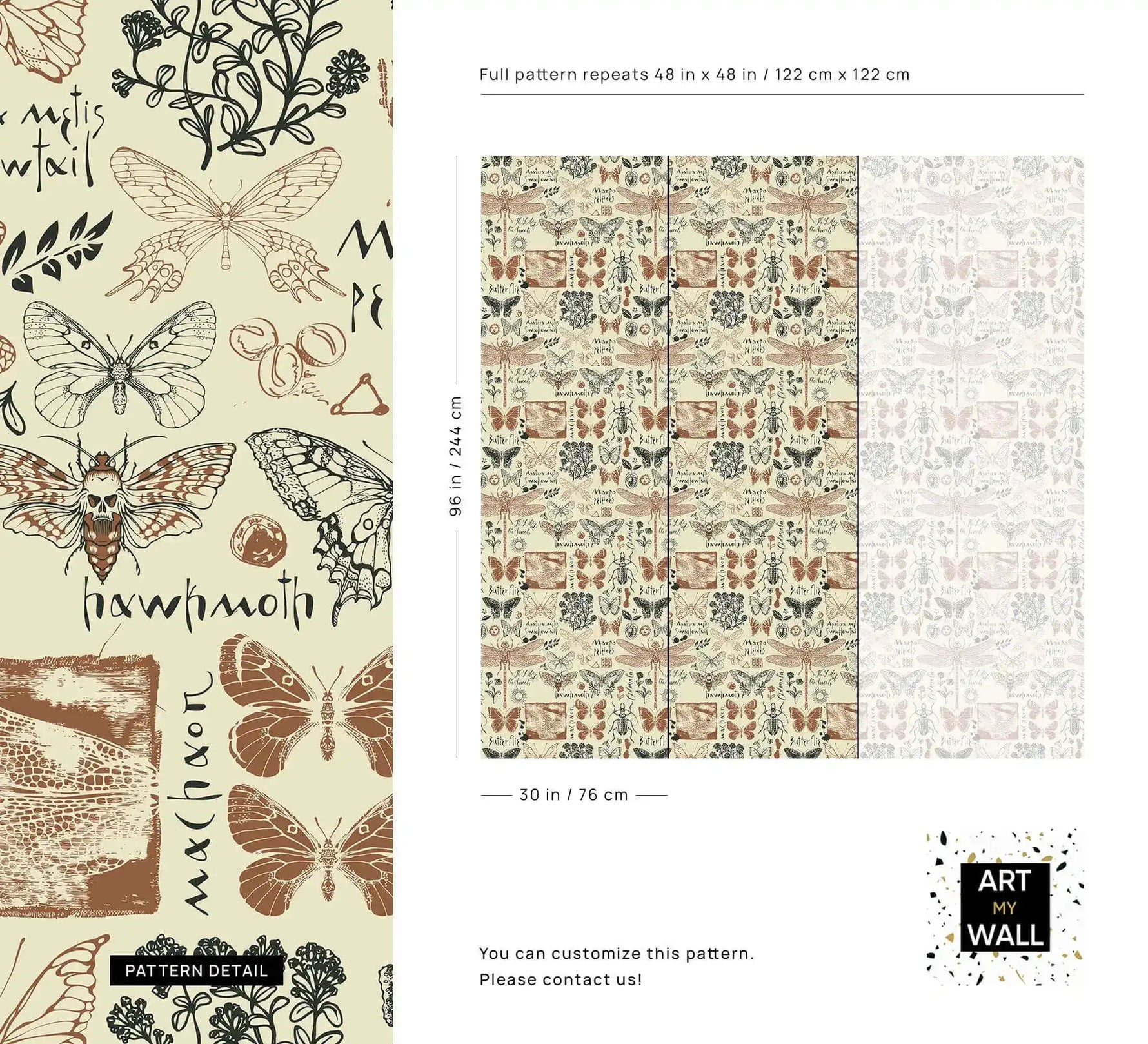 Insect garden wallpaper pattern detail and repeat layout showing butterflies, hawkmoth and dragonflies with sizing guide