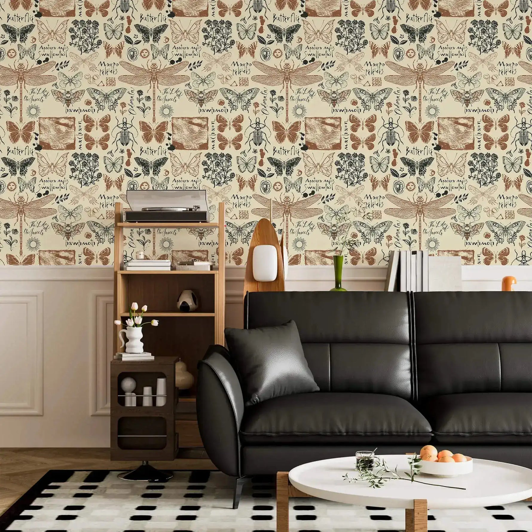 Insect garden wallpaper with butterfly and moth illustrations on cream above wainscoting in a modern living room