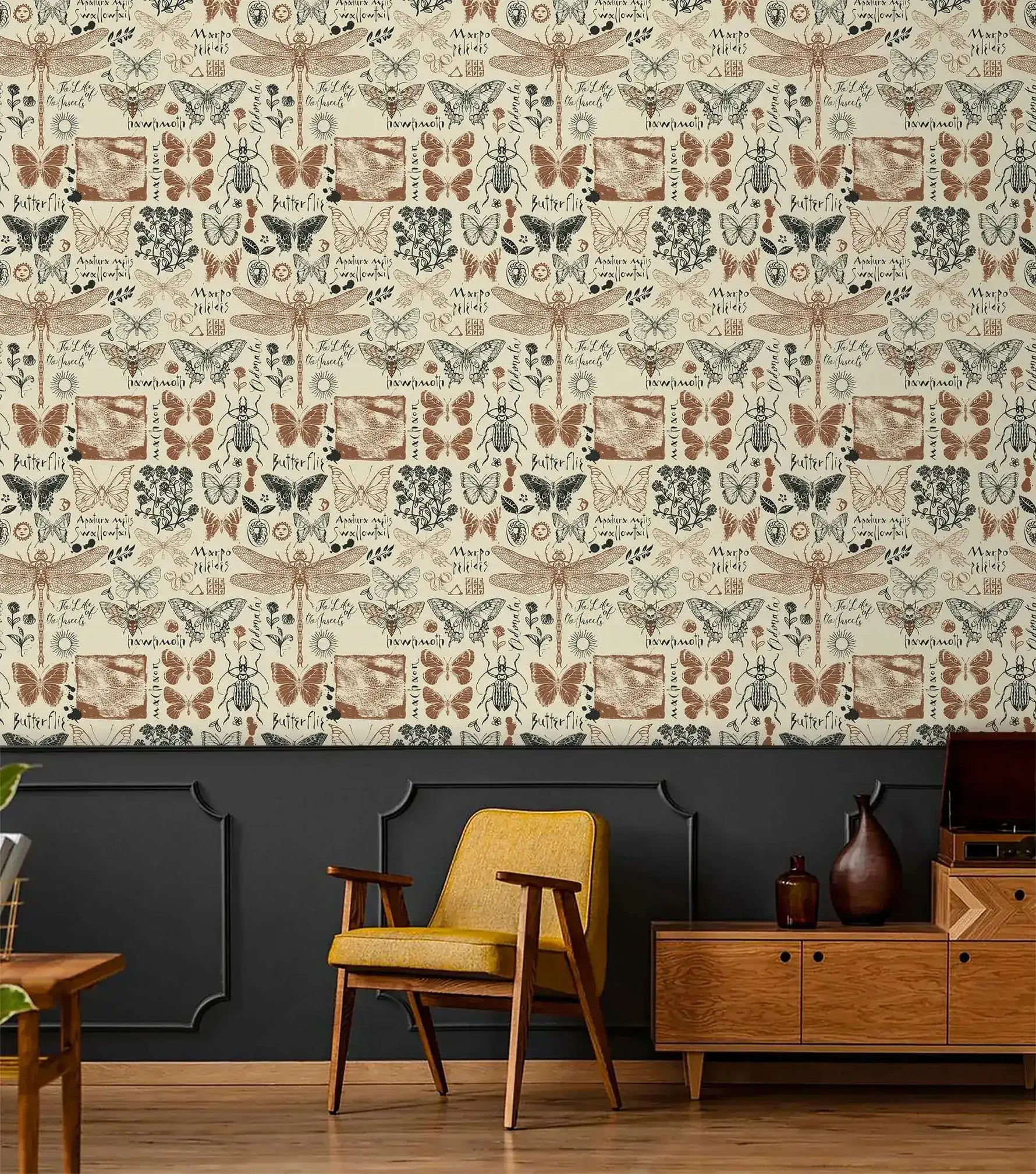 Insect garden wallpaper showing butterflies, beetles and dragonflies on cream above charcoal panelling in a retro room