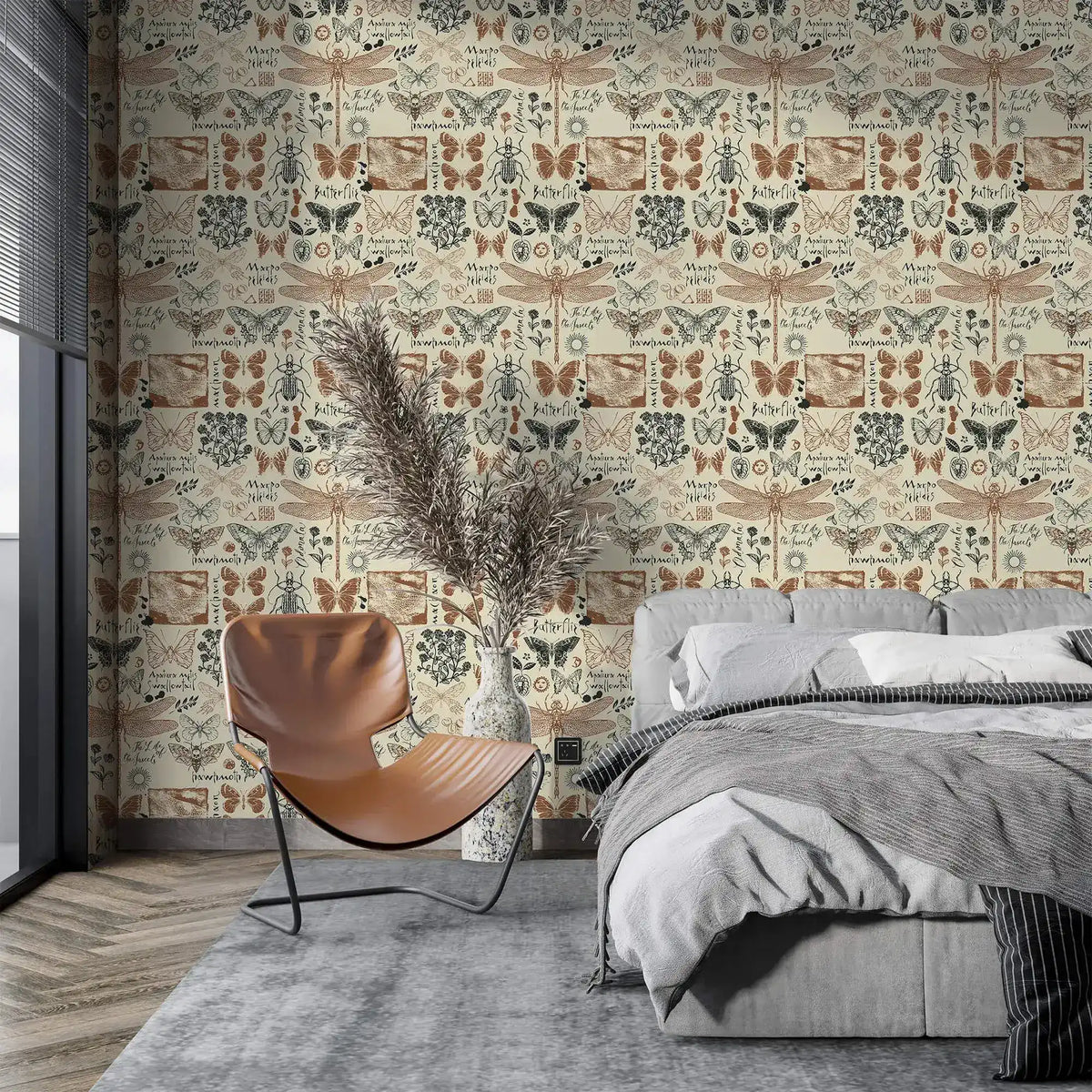 Insect garden wallpaper with butterflies and dragonflies on cream in a modern bedroom with grey bedding