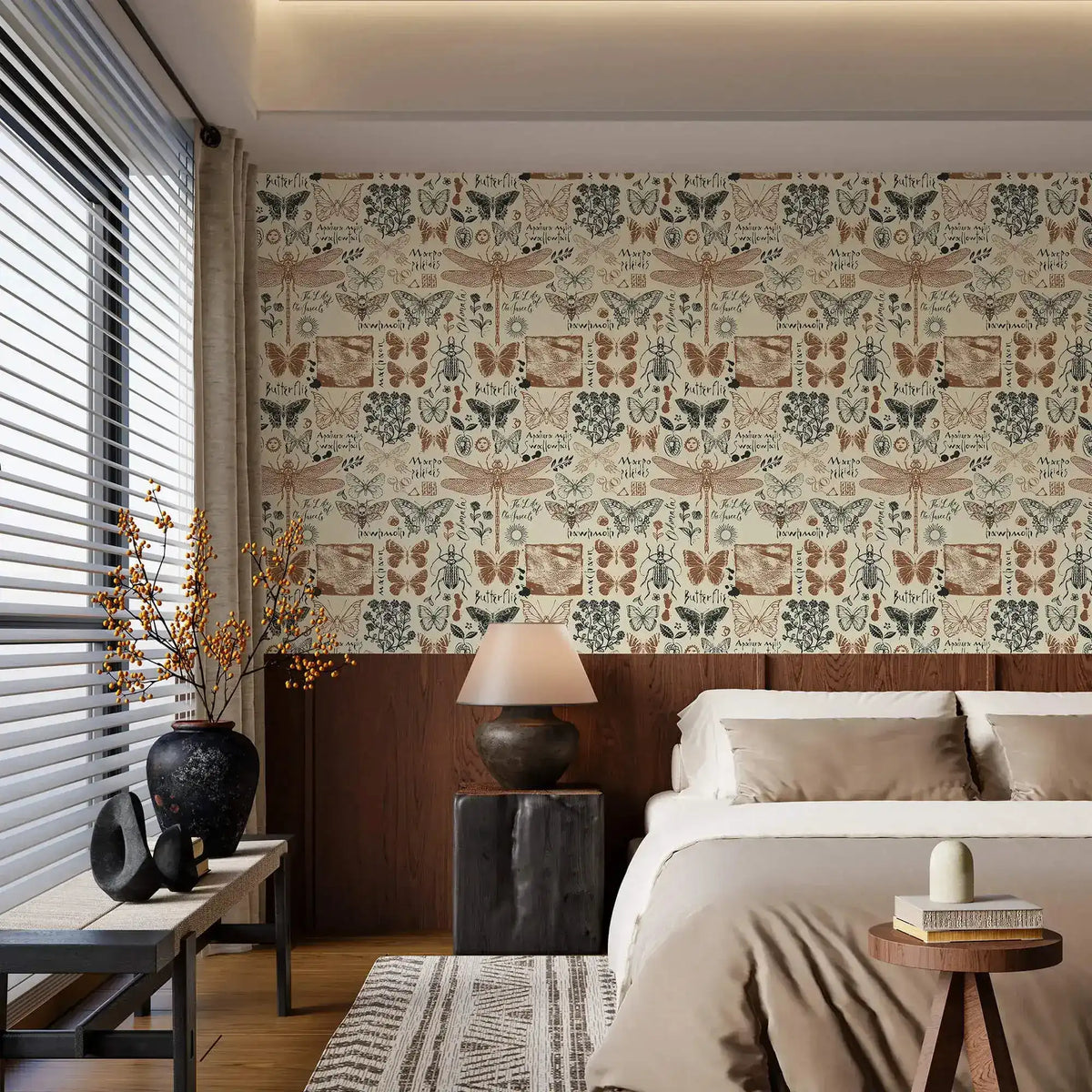 Insect garden wallpaper with vintage butterfly and dragonfly motifs in beige, styled in a wood-paneled bedroom