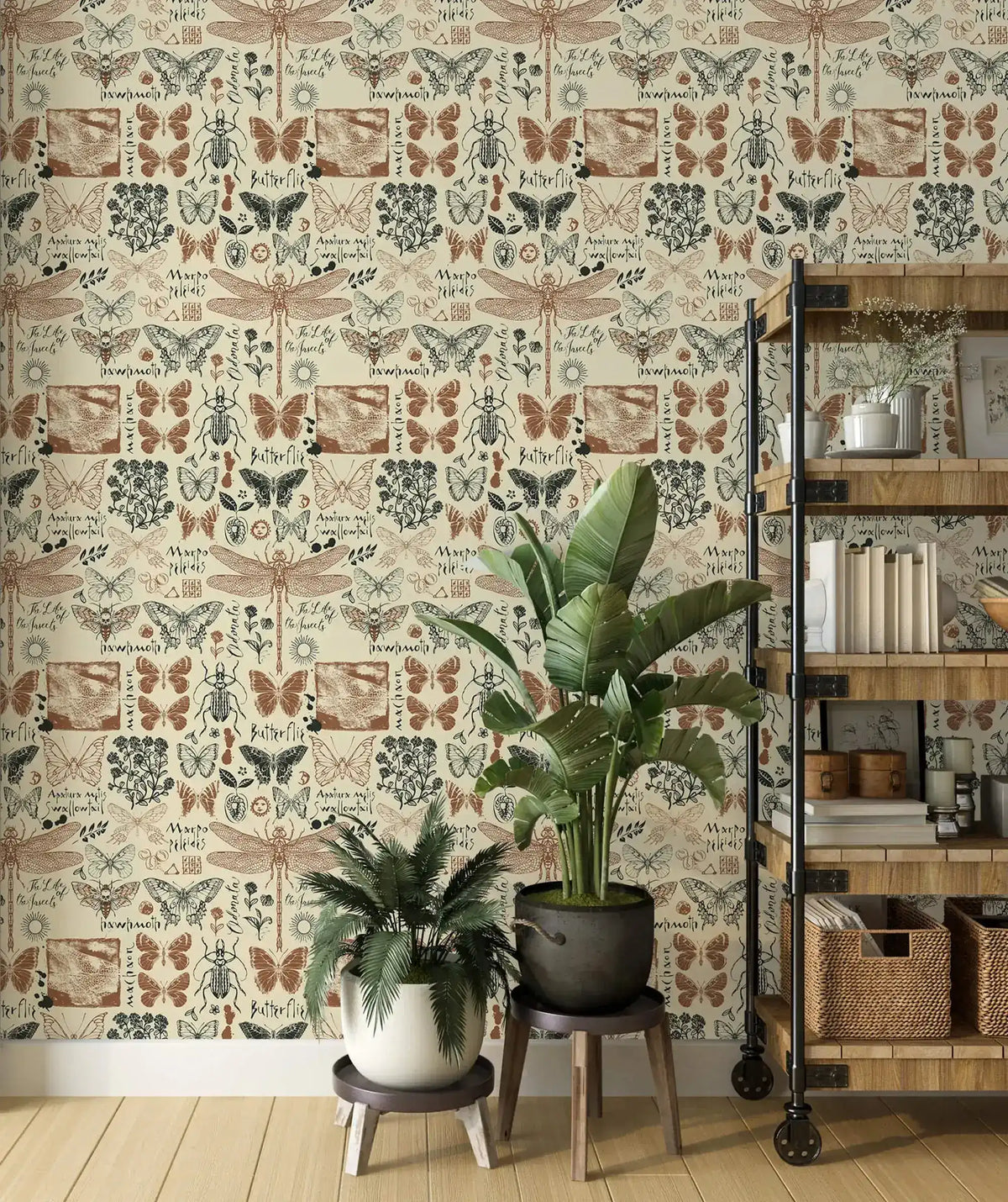 Insect garden wallpaper featuring butterflies and dragonflies on cream behind potted plants and a wood shelf