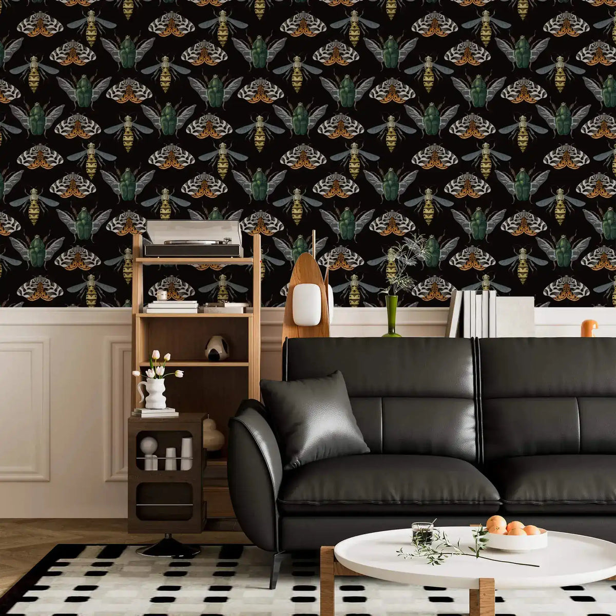 Insect Harmony Wallpaper above white wainscoting behind black sofa; beetles and moths repeating pattern on black
