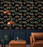 Insect Harmony Wallpaper in moody living room; repeating beetles, wasps, and moths in green and amber on black