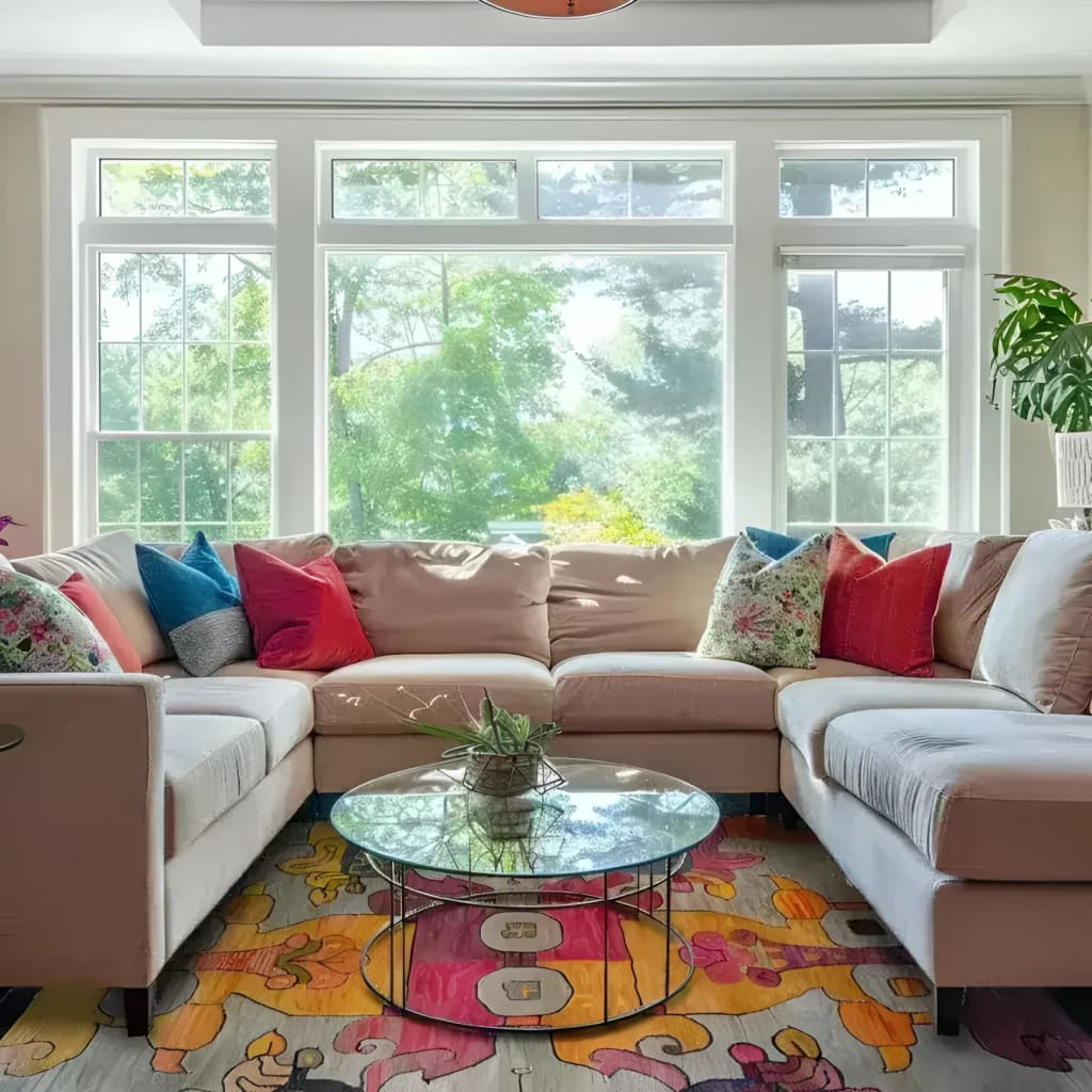 A vibrant and contemporary hand-knotted area rug enhances this cozy living room with its colorful interlocking tapestry design. Set beneath a sleek glass coffee table and surrounded by a plush sectional sofa adorned with colorful pillows, this area rug is a perfect statement piece for modern living rooms.