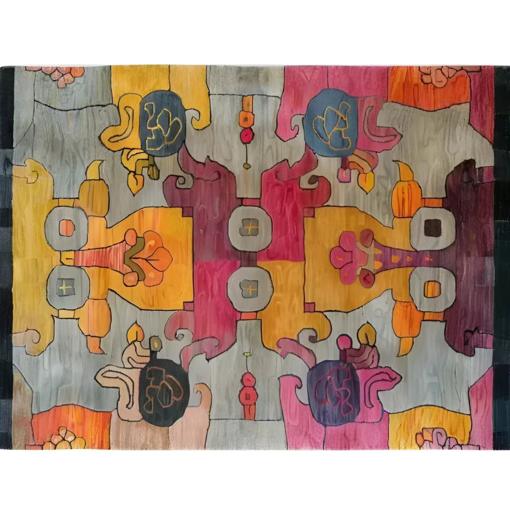 A vibrant interlocking tapestry hand-knotted area rug showcasing an abstract design with bold, contemporary colors. This contemporary rug features an array of geometric and floral patterns in shades of orange, pink, blue, and grey. Ideal as an area rug for living rooms, it adds a splash of color and modern style to any space.