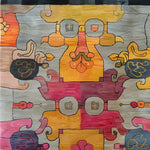 Vibrant interlocking tapestry hand-knotted area rug featuring a contemporary design with abstract patterns in shades of yellow, orange, and pink. Perfect for adding a splash of color to any living room, this unique rug is ideal for those seeking stylish area rugs for living room spaces.